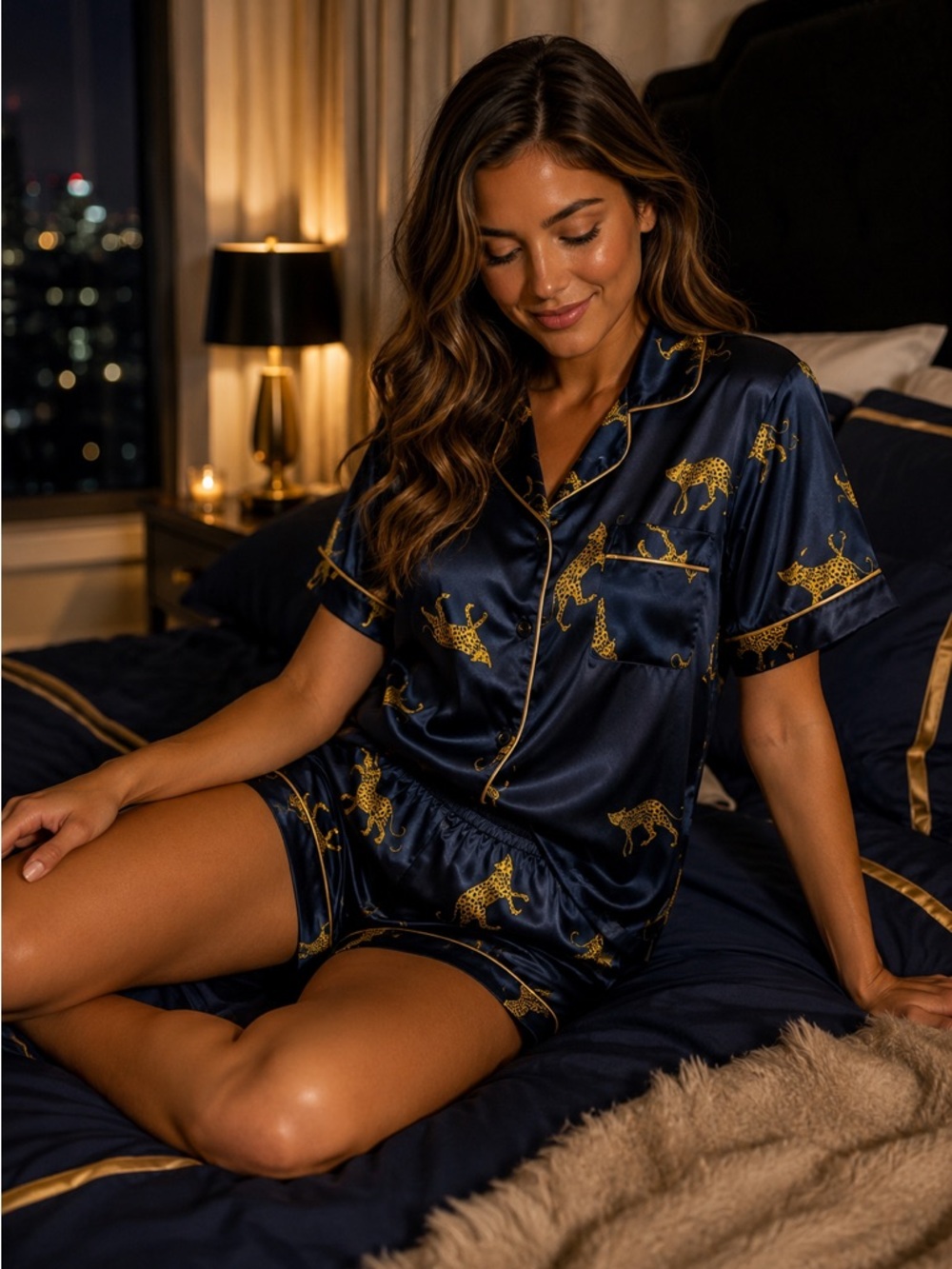 Midnight Luxe Blue Satin Leopard Pajama Set – Sleek, Chic, and Wildly Stylish